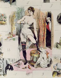 Korsettet, illustrasjon fra La Vie Parisienne, ca. 1875 (fargegravering)